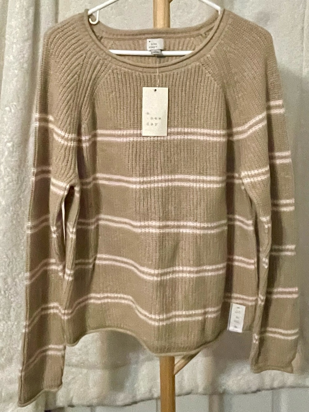 A New Day Women's Beige Striped Crewneck Sweater
